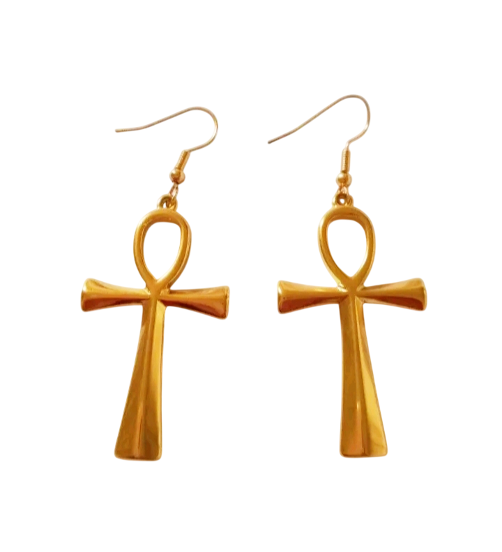 Grandes boucles d’oreilles croix de Ankh en acier inoxydable, finition or ou argent, assemblées à la main pour un style égyptien élégant