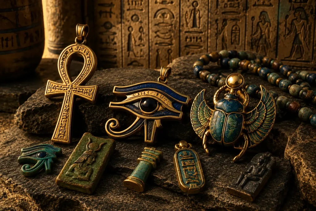 Amulettes égyptiennes représentant différents symboles de l’Égypte antique