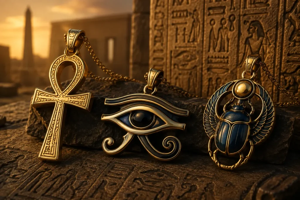 Bijoux égyptiens représentant la vie, la protection et la puissance