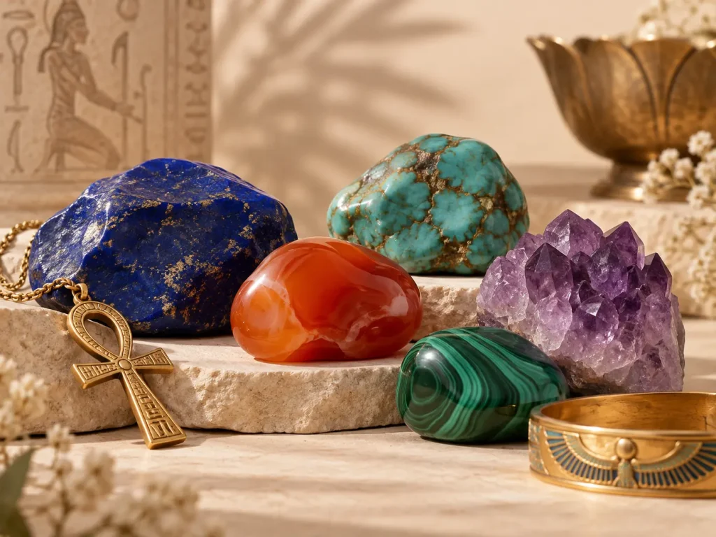 Pierres naturelles utilisées dans l’Égypte ancienne : lapis-lazuli, turquoise et cornaline